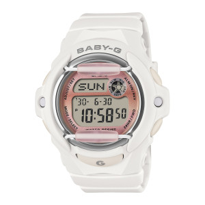 Casio Baby-G BG169GD-7 watch, front view of a white case with two pale pink bars over a peach pink face plate