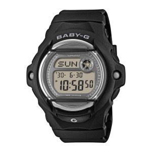 Casio Baby-G BG169KB-1 watch, front view of the gray digital panel ringed with tiny clear stones and a silver tone rim