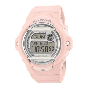 Casio Baby-G BG169KB-4 watch, front view of a pale pink case with cream bars and sparkling dots along the silver tone ring