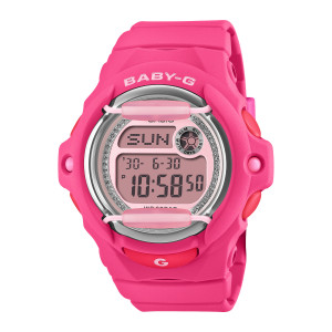 Casio Baby-G BG169KB-4B1 watch, front view of a hot pink case with a silver-tone ring, pale pink bars and a pink panel