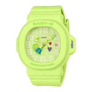 Casio Baby-G BGA10-3A watch, front view of the thick lime bezel, raised pale numerals and the large teal heart