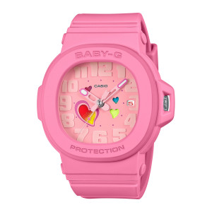 Casio Baby-G BGA10-4A watch, front view of a pink cushion case with raised numerals and colored hearts on the dial