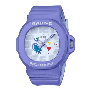 Casio Baby-G BGA10-6A watch, front view of the white dial with raised gray numerals, colored hearts and a thick smooth violet bezel