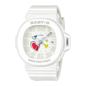 Casio Baby-G BGA10-7A watch, front view of the white dial with a red heart and raised cream numerals in a thick bezel