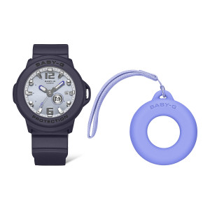 Casio Baby-G BGA15K-2A watch, front view of a navy round watch with a pale dial, shown beside a lavender ring holder