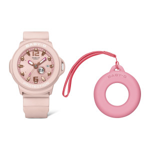 Casio Baby-G BGA15K-4A watch, front view of a pink round watch beside a pink ring holder with a red braided loop