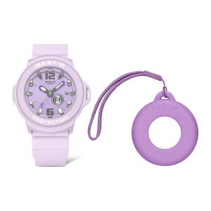 Casio Baby-G BGA15K-6A watch, front view of a lavender round case with silver-tone studs, beside a purple ring holder and cord