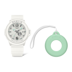 Casio Baby-G BGA15K-7A watch, front view of the white watch beside a mint green ring holder with a white loop cord