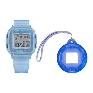 Casio Baby-G BGD10KG-2 watch, front view of a frosted light blue squared watch beside a glitter blue round holder on a cord