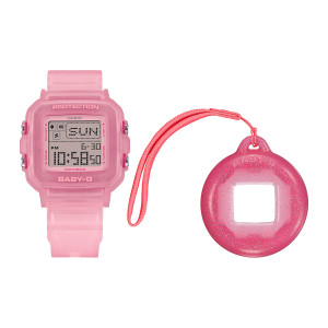 Casio Baby-G BGD10KG-4 watch, front view of a frosted pink square watch beside a glitter pink holder with a red loop