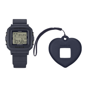 Casio Baby-G BGD10KH-2C watch, front view of the dark slate square watch beside a navy heart shaped holder on a cord