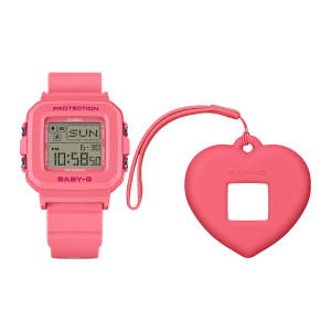 Casio Baby-G BGD10KH-4 watch, front view of a coral pink square watch beside a heart shaped holder with a braided loop