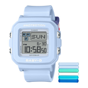 Casio Baby-G BGD10L-2 watch, front view of the pale blue case, dotted frame on the screen and six spare loops