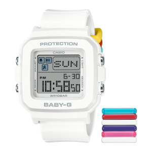 Casio Baby-G BGD10L-7 watch, front view of a white square case with a gray pixel panel and a stack of colored loops