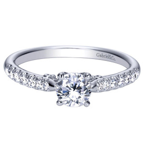 Gabriel & Co. ER98697W44JJ 14 karat white gold Contemporary engagement ring, front view of the raised center with shoulder stones growing smaller toward the back