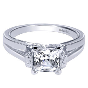 Gabriel & Co. ER9208PTJJJ platinum Contemporary engagement ring, front view of the princess center in a squared collar carved with scroll engraving