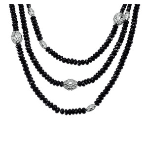 Gabriel & Co. NK3395SVJBS sterling silver Roaring 20's Diamond Station necklace, close view of three strands of faceted black beads