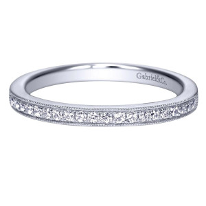 Gabriel & Co. WB8214W44JJ 14 karat white gold Victorian wedding band, front view of a slender single row of small rounds between fine milgrain rails
