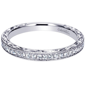 Gabriel & Co. WB9012W44JJ 14 karat white gold Victorian wedding band, front view of a straight stone row between finely beaded edges and scrolling engraved shoulders