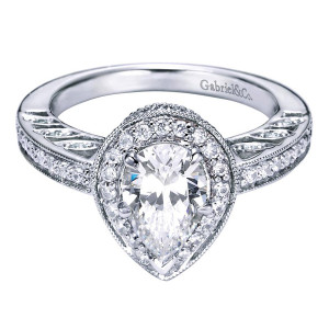 Gabriel & Co. ER5854W44JJ 14 karat white gold Victorian engagement ring, angled view of the pear center set in a beaded halo with pierced shoulder windows