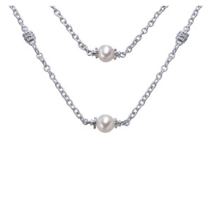 Gabriel & Co. NK3422SVJPL sterling silver Roaring 20's Diamond Station necklace, close view of the cable chain with pearl stations and small textured stations between