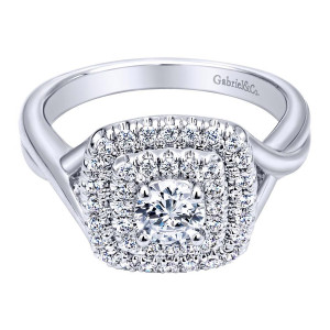 Gabriel & Co. ER910090W44JJ 14 karat white gold Contemporary engagement ring, front view of a round center inside a squared double halo above smooth crossover shoulders