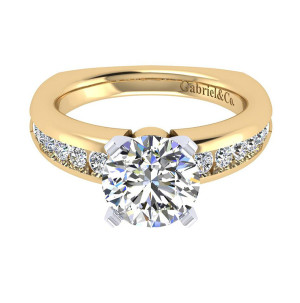 Gabriel & Co. ER4182M44JJ two-tone 14 karat gold Contemporary engagement ring, angled view of the large round center in squared prongs over a domed channel shoulder