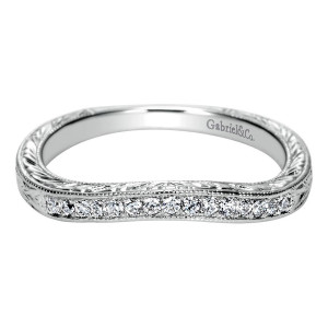Gabriel & Co. WB8833W44JJ 14 karat white gold Victorian wedding band, front view of one pave row set below an engraved rail with milgrain borders