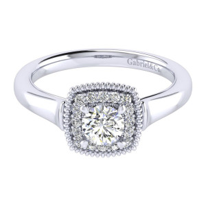 Gabriel & Co. ER009A2ABW44JJ 14 karat white gold Perfect Match engagement ring, top view of a square cushion halo edged with a rope border around the round center