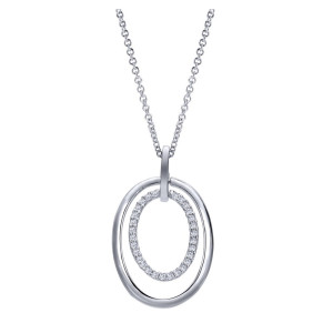 Gabriel & Co. NK2447W45JJ 14 karat white gold Contemporary necklace, front view of a polished open oval with a smaller pave oval suspended inside