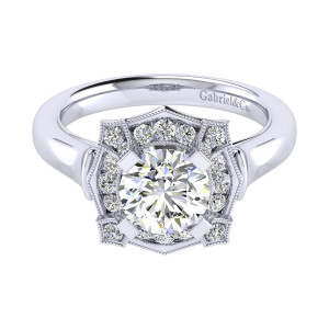 Gabriel & Co. ER009C6ADW44JJ 14 karat white gold Perfect Match engagement ring, top view of the round center inside a lobed petal frame outlined with milgrain