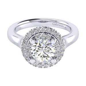 Gabriel & Co. ER009C6AIW44JJ 14 karat white gold Perfect Match engagement ring, top view of the round center held by four prongs inside a double halo