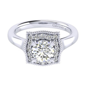 Gabriel & Co. ER009B4AAW44JJ 14 karat white gold Perfect Match engagement ring, top view of a beaded square rim enclosing graduated halo stones around the center