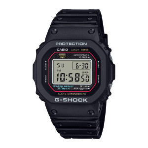 Casio G-Shock DW5000R-1A watch, front view of the clipped square case, thin red ring and pale gray screen