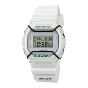 Casio G-Shock DW5600HDN25-7 watch, front view of the frosted white case, black arched bar guards and green printed words on the bezel