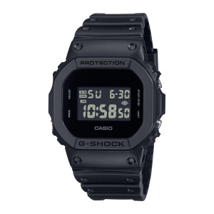 Casio G-Shock DW5600UBB-1 watch, front view of an all black square watch with pale gray digits on a dark panel