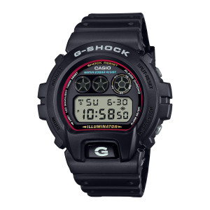 Casio G-Shock DW6900RL-1 watch, front view of the red ring, three spoked round windows and the G plate below