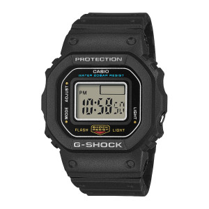 Casio G-Shock Nano DWN5600-1 watch, front view of the matte black rounded square case with a pale gray display and thin white outline