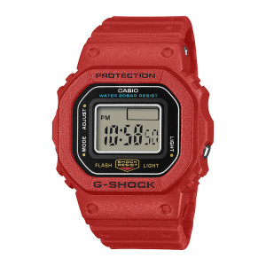Casio G-Shock Nano DWN5600-4 watch, front view of a red square case with a gray panel and black digits