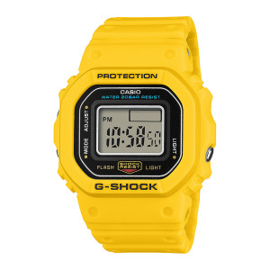 Casio G-Shock Nano DWN5600-9 watch, front view of the gray digital panel in a black frame with printed text on the yellow bezel