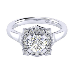 Gabriel & Co. ER009B4ADW44JJ 14 karat white gold Perfect Match engagement ring, front view of a pointed shield outline traced in milgrain around bead set stones