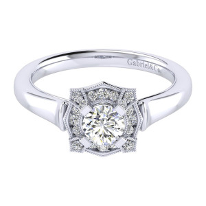 Gabriel & Co. ER009A2ADW44JJ 14 karat white gold Perfect Match engagement ring, top view of a round center ringed by small stones inside a scalloped star outline