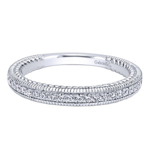 Gabriel & Co. WB10107W44JJ 14 karat white gold Contemporary wedding band, front view of a slim stone channel framed by rounded closely ridged borders