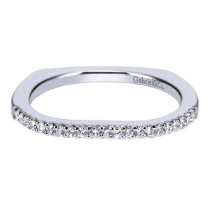 Gabriel & Co. WB4117W44JJ 14 karat white gold Victorian wedding band, front view of the squared contour shape with a shared prong row along the front
