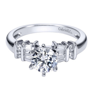 Gabriel & Co. ER2662PT3JJ platinum Contemporary engagement ring, front view of the round center flanked by tapered baguettes and paired small rounds