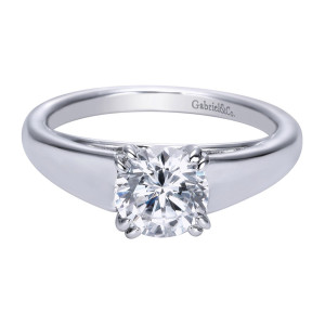 Gabriel & Co. ER8137PTJJJ platinum Contemporary engagement ring, front view of the round center set low between wide flat polished shoulders