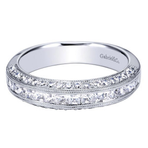 Gabriel & Co. WB4138W44JJ 14 karat white gold Victorian wedding band, front view of a squared stone channel edged by a beaded round row and milgrain rails