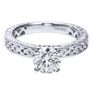 Gabriel & Co. ER4127W44JJ 14 karat white gold Victorian engagement ring, angled view of marquise shaped openwork stations set with small stones along a flat shank