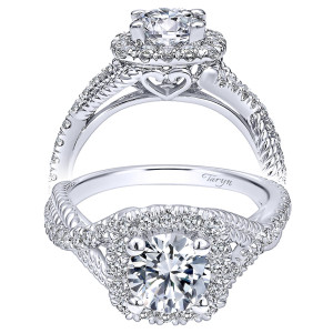Taryn TE10060W44JJ 14 karat white gold engagement ring, front view of a round center in a cushion halo, twisted rope shank and heart gallery