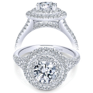 Taryn TE10110W44JJ 14 karat white gold engagement ring, front and profile views of a round center inside two concentric halo rows above slim split arms